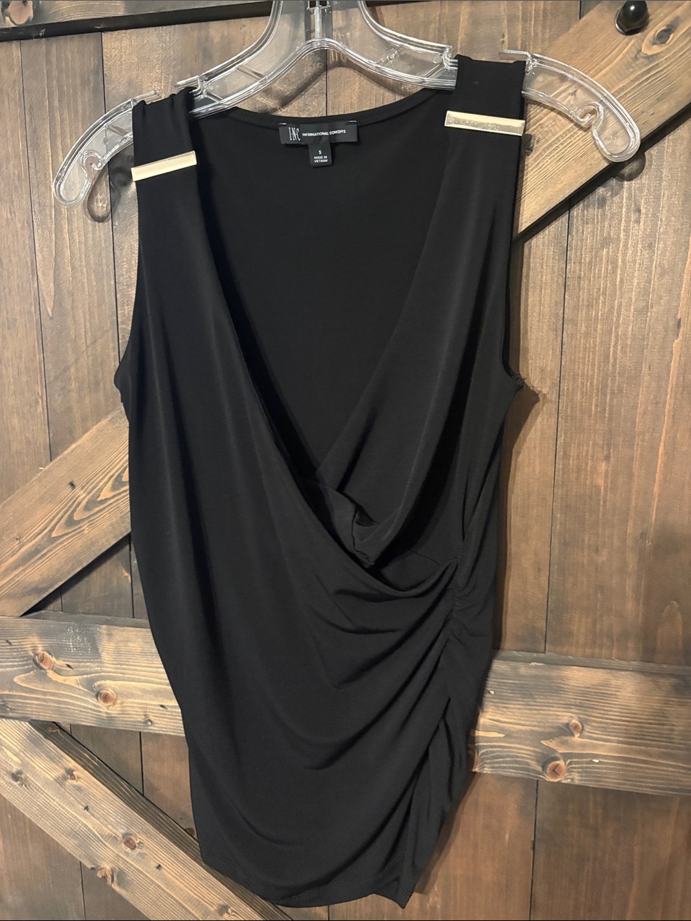 White House Black Market Black Sleeveless Draped top with Gold Trim